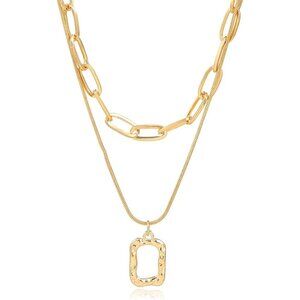 🆕Layered Necklace for Women Gold Chunky Necklace Stack Multilayered Bar Pendant